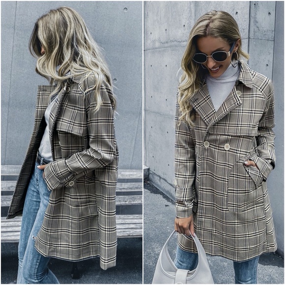plaid button pocketed trench pea coat brown camel - Picture 9 of 9